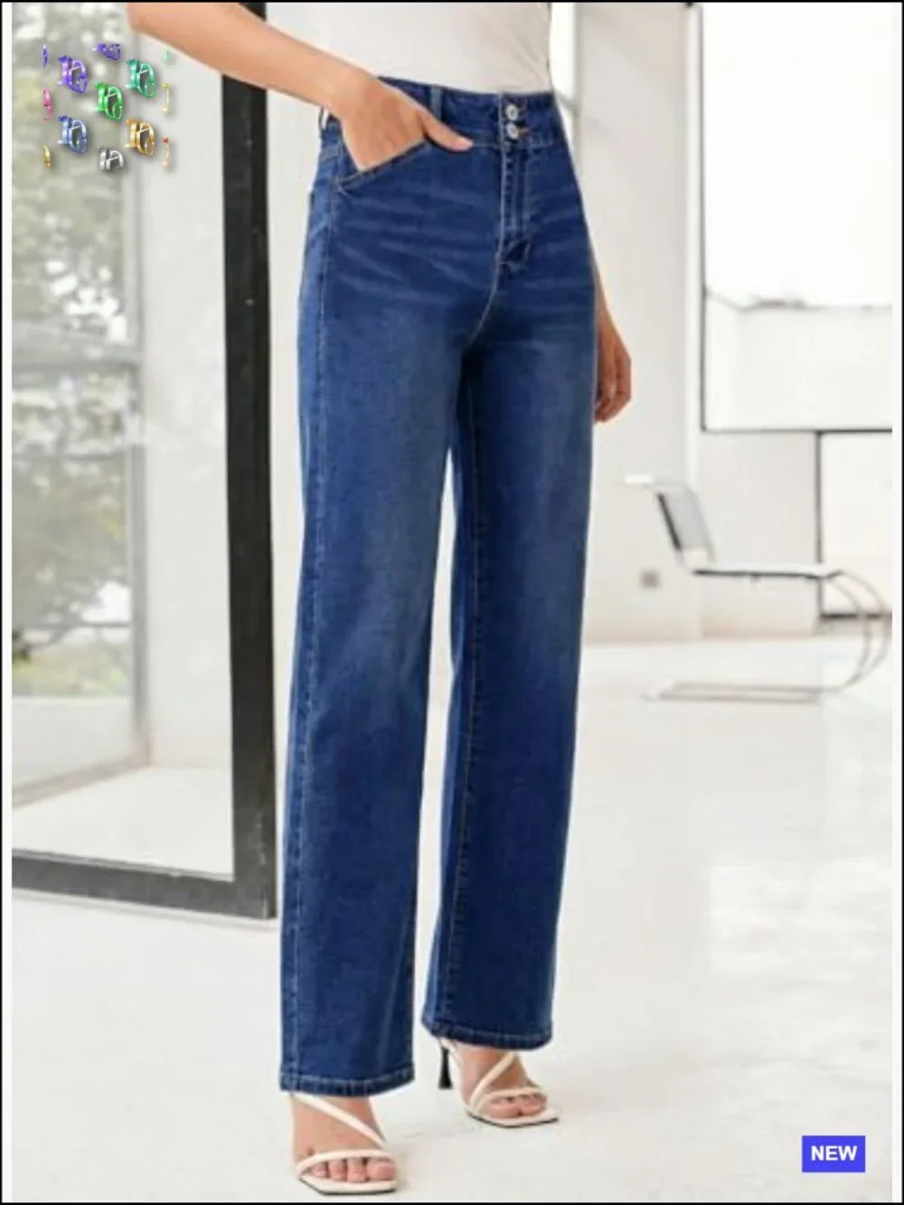 High Waisted Wide Leg Jeans Stretchy Tummy Control Straight Denim Pants - Picture 3 of 7